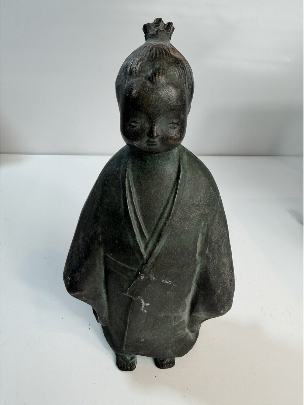 1960's Japanese Okimono Selflessness Child Cast Iron Gilded Figurine 10"
